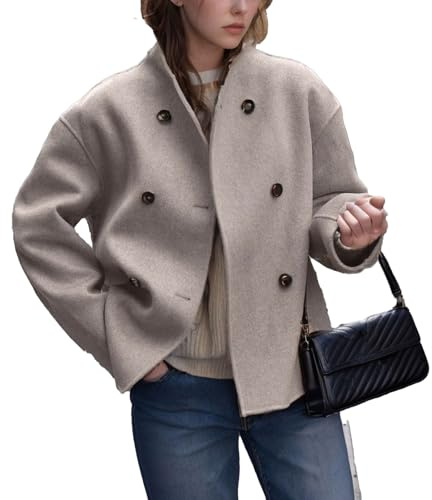Trench da Donna Manica Lunga Elegante Bottoni Colletto Alla Coreana Caldo Cappotto di Transizione Cappotto Invernale Corto Giacca Autunno Inverno Parka con Collo con Revers Cappotto di Lana(Khaki,Larg
