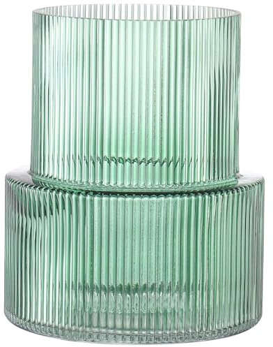 KAYLETIN Green Glass Vase, Ribbed Vases for Flowers, Flower Vase for Tulips, Modern Vases for Living Room, Dining Table, Entryway, Mantle, Shelf, Wedding, Office, 19CM