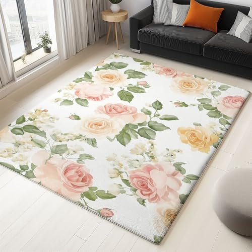 Teppich Vintage Blumen Rosen Muster Weich Kurzflor Maschinenwaschbar rutschfest Fussmatte Innen, Teppich Geeignet Für Schlafzimmer, Wohnzimmer, Studio Und Hotel 160 x 230 cm, Creme