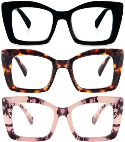 KoKoBin Oprah överdimensionerade fyrkantiga läsglasögon för dam med fjädergångjärn för dator(svart/brun leopard/leopardrosa, 3, dioptri)