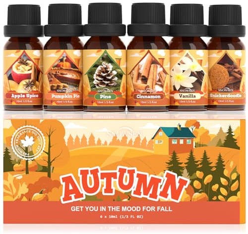 SNOWSEN Autumn Essential Oil Set, Essential Oils for Diffusers for Home, Fall Fragrance Oil Kit- Vanilla, Cinnamon, Apple Spice, Pumpkin Pie, Pine, Snickerdoodle for Aromatherapy, Candle Making