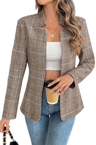 ELLEVEN Plaid Blazer for Women Tweed Fashion Trendy Boyfried Outfits for Work Business Casual Notch Collar Long Sleeve Houndstooth Suit Slim Fit Jacket Coat Brown Plaid Large