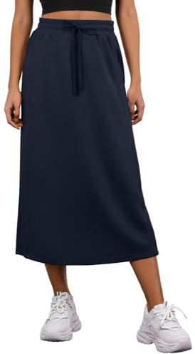 PrinStory Summer Midi Skirts for Women UK Casual Elasticated Waist Adjustable Drawstring Skirt with Pockets and Back Slit (Navy Blue, XL)