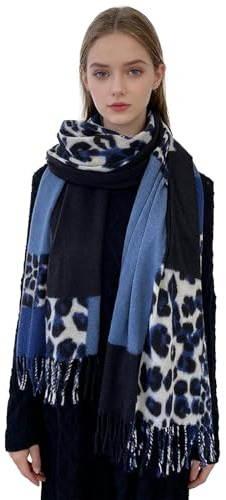 ZCJ Écharpe Hiver pour Femme Chaud Foulard Léopard - Effet Cachemire Doux avec Franges - Écharpe Femme Hiver, Foulard Femme, Châle, Bleu