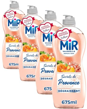 Mir Vaiselle, Liquide Vaisselle Mains, Secrets de Provence, Peche de Vigne et Melon, Degraissant, Sans Conservateurs ni Allergenes Parfum, Marque Preferee des Francais, 675ml (Lot de 4)