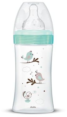 Dodie - Biberon Anti-Colique Initiation+ Verre, Vert Oiseau, 270ml, 0-6 mois, Tétine ronde, Débit 2
