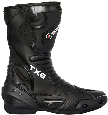 Bohmberg TX6 Herren Motorradstiefel, ergonomisch, Motorradschuhe aus stabilem Leder mit aufgesetzten Hartschalenprotektoren Schwarz 42