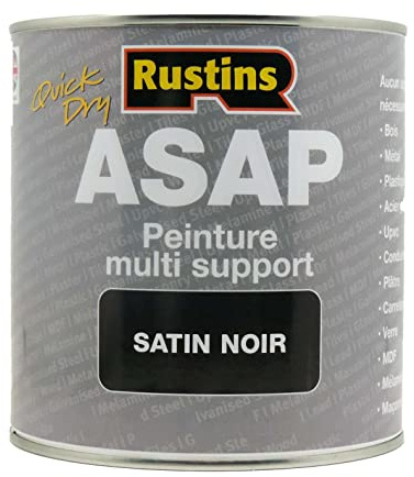 Akrylfärg med flera underlag svart satin snabbtorkande för trä, metall, plast, galvaniserat stål, kakel, glas, MDF och UPVC 1 l - 12–14 m² (Rustin's ASAP)