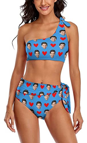 Trajes de Baño Mujer de 2 Piezas Personalizado con Foto Bikini Top de Asimétrico Mujer Traje de Baño Solo Hombro Push Up Bañador Bikinis Beachwear de Playa Natación