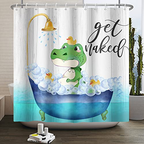 SDOTPMT 122x183cm Erhalten Nackt Duschvorhang Komisch Dinosaurier Süßer Cartoon Dino Tier Klein Ente Dunkel Blau Badezimmervorhang für Kinder Kinder Heim Kinderzimmer Badewannen