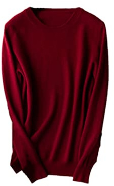 Jersey de punto de lana de cachemira para mujer, cuello redondo, básico, cálido, granate, L