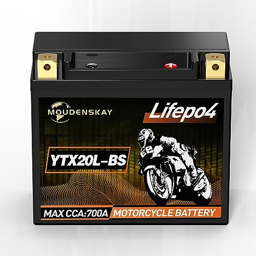 MOUDENSKAY Litium Motorcykelbatteri 12V Litium Powersports Batteri med BMS (YTX20L-BS 12,8V 700 CCA) LiFePO4 Motorcykel Startbatteri för Motorcyklar, ATV, UTV, skoter, vattenfordon etc