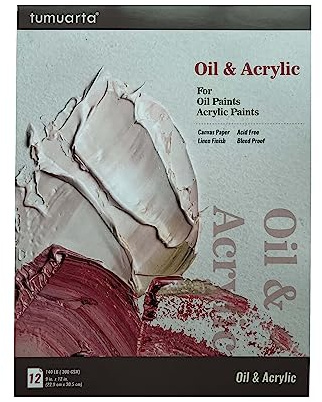 tumuarta Blocco di carta per pittura a olio, 22,9 x 30,5 cm, 63,5 kg, 12 fogli, 300 g/m², senza acidi, rilegatura a colla, bianco naturale, a prova di sbavature, carta per colori ad olio, acrilici,