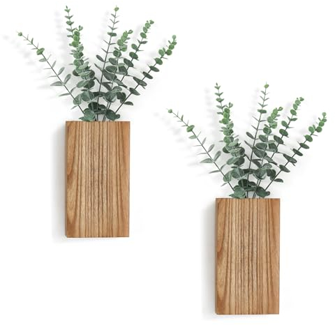 Dahey 2 Pack Wood Wall Planter Vase with Artificial Eucalyptus Farmhouse Wall Hanging Decor Pocket Planter for Indoor Fake Plants Greenery Flowers, livingroom Bedroom Kitchen Home Office Decoration