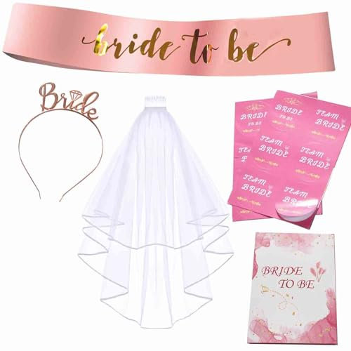 Bride to Be, Junggesellinnenabschied Frauen Set Schärpe, Schleier Rosegold Stirnband Tiara und 12 Aufkleber (Bride to Be & Team Bride) für Bachelorette Party,15 Stück