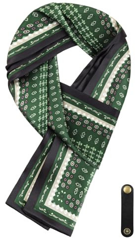 WANYING Herrenschal aus Kunstseiden Ascot Krawattenschal Multifunktion Halstuch Langer Schal mit Leder Loop Mehrere Tragemöglichkeiten 16 * 149 cm - Druckmuster Dunkelgrün Geometrisches Pattern