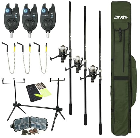 FISH-XPRO Set Carpa Plus 3 canne - Kit completo con segnalatori swing indicator rodpod e accessori - Ideale carpfishing completo