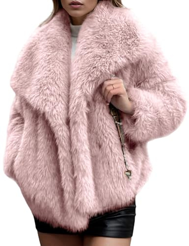 Arssm Women's Faux Fur Coat Fluffy Shaggy Jacket Long Sleeve Lapel Coats Winter Warm Outwear(Pink-L)