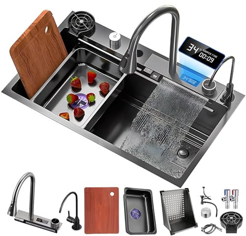 Lavello da cascata nero, Display digitale a LED Lavello Cucina 1 Vasca in Acciaio Inox 75x45cm, lavandino del bar multifunzionale Con Manopole di controllo, sifone e Set di Drenaggio, e vari accessor