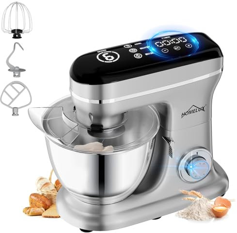 HOMELUX Küchenmaschine 1800W, Knetmaschine mit 8 Liter Edelstahl Schüssel, 6 Geschwindigkeitsstufen, LED-Touchscreen, Rührbesen, Knethaken, Schneebesen und Spritzschutz, Grau