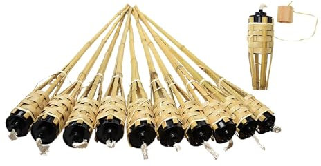 Dixiestore Torches en bambou de qualité supérieure – Réutilisables, pour jardin, mariages et promenades en traîneau – 150 cm – Capacité 500 ml – Combustion pendant 9 à 12 heures – Bambou et fer – x10