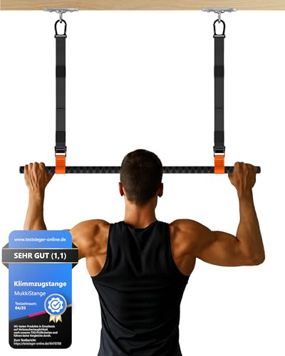 MukkiStange, Drag upp-stång, oändligt höjdjusterbar, 25 cm - 65 cm, tas bort med två klick, halksäkert handtag, takmontering, testad tysk kvalitet, fitnessutrustning för hem, drag upp-stång (orange)