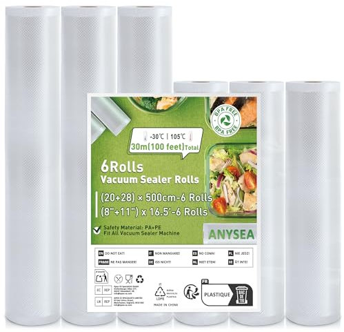 Anysea Rotoli Sottovuoto per Alimenti 6 Rotoli： Sacchetti Sottovuoto Alimenti 20/28 x 500cm/3 Rotoli Ciascuno, Buste Sottovuoto Alimenti per Cottura Sous Vide e Macchina Sottovuoto