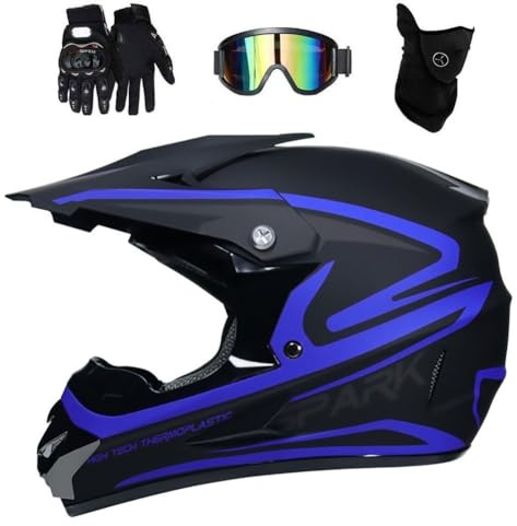 Unisex Integrale MTB Casco da Motocross, Ragazzi Bambini Fuoristrada Moto ATV Scooter Enduro Caschi, Downhill Corsa BMX Quad Dirt Bike Casco, con Occhiali Guanti Maschera(Blue,S/52-53CM)