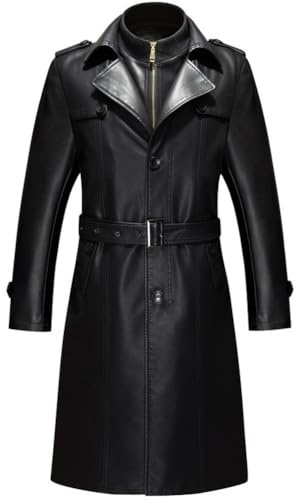 SXHEYUY Trench-Coat en Cuir pour Homme Doublé Polaire Noir Chaud sur-Couche Long Trench pour Le Printemps Hiver,Noir,XXL