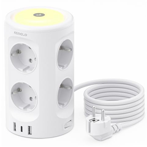 Presa multipla a 8 vie con luce notturna e USB C, presa multipla con interruttore singolo, cavo di prolunga da 2 m, presa di distribuzione con protezione da sovratensioni, torre di presa, bianco