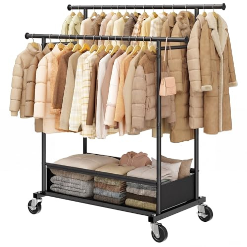 Klyvvo 110cm Doppio Stand Appendiabiti con Ruote, Portata massima 110KG Metallo Stand Appendiabiti con 48L Traspirante Cesto Portabiancheria, per Giacche, Maglioni, Scarpe, Camera da letto, Nero