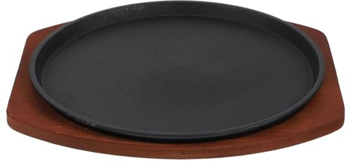 Gadpiparty Piastra per Grigliare in Ghisa da 25 Cm Base in Legno, Padella per Bistecca e Piatto da Portata Caldo, per Cucina Domestica e Ristoranti