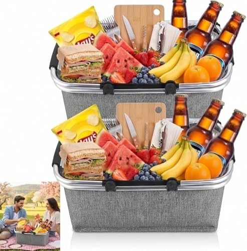 Shoppingkorg, hopvikbar, termisk som picknickkorg, kylbox bärbar med vadderade handtag, bärkorg, för resor, picknick, shopping, 18 liter, 2 stycken (grå)