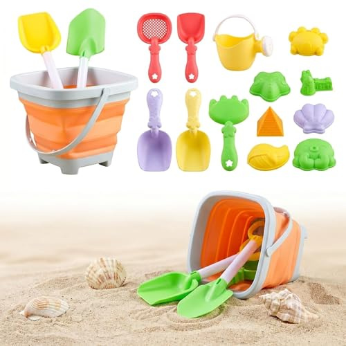 Satiskid 16PCS Foldable Beach Bucket Toys Set, Kids Beach Play Tools with Shovels, Molds & Watering Can, Sanf Toys for Kids, Summer Outdoor Toys for Beach, Pool, Sandbox & Backyard
