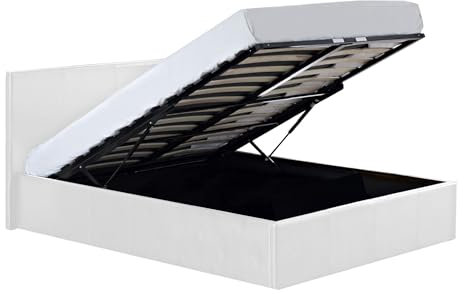 Direct Furniture Suppliers Single White Ottoman Storage Bed Gas Lift Up (3ft) | (L) 203cm x (W) 108cm x (H) 88.5cm - Faux Leather Fabric | Sprung Slats Base | Space Saving Storage