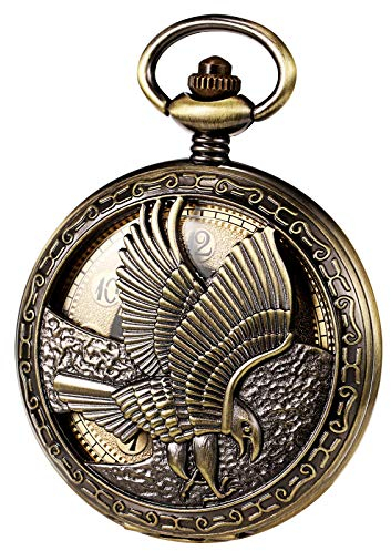 TREEWETO Herren Taschenuhr mit Kette, Retro Adler Analog Steampunk Skelett Uhr, Mechanisch Handaufzug Taschenuhren mit römischen Ziffern für Herren - Bronze