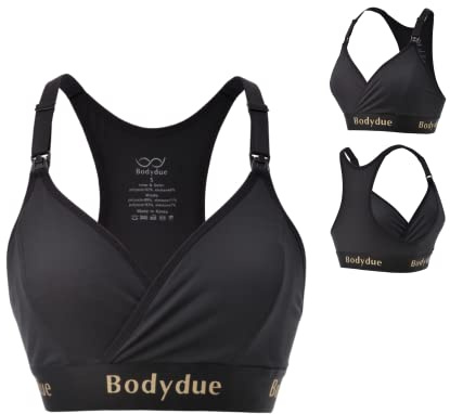 Bodydue Absobra Nursing Pad-Free Nursing Bra for Easy Breastfeeding Maternity Essential Wireless Full-Coverage Comfort (Medium, Black&Gold)