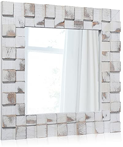 Rustikaler Wandspiegel quadratischer Holzrahmen 43,5 cm Bauernhausspiegel für Flur Schlafzimmer Wohnzimmer Badezimmer Spiegel für Wanddekoration einfach aufzuhängen, Wandspiegel weiß