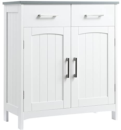 kleankin Bathroom Floor Cabinet, Freestanding Linen Cabinet, Storage Cabinet with 2 Drawers, Double Doors, Adjustable Shelf, White