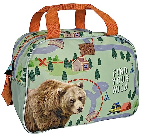 PERLETTI Bolsa Deporte Ecológica para Niños Niñas - Bolsa de Viaje Travel Bag para Niño Multicolor Material Reciclado - Bolsa Gimnasio Piscina Infantil con Correa Ajustable - 28x41,5x21 cm (Oso)