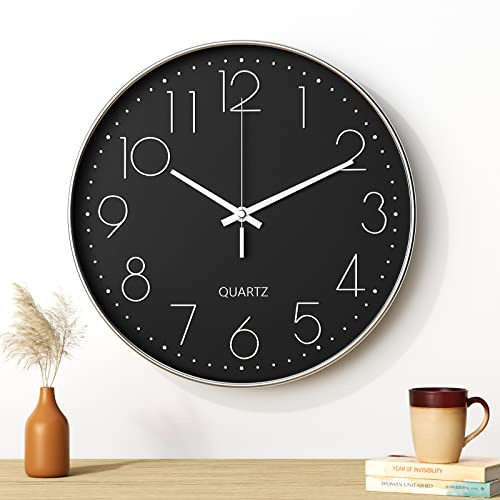 Mesybveo väggklocka, 30 cm (12 tum) modern tyst väggklocka, tyst kvartsrörelse (silverkaraktär)