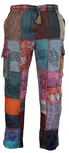 Ezhippie Mens Patchwork Pant Elastic Waist Hippie Trouser, (Multicolor, S)
