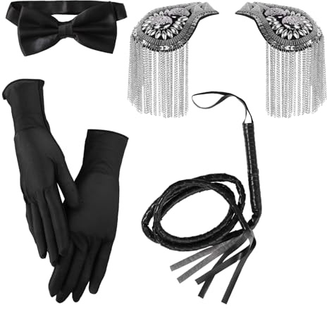 TiaoBug Halloween cirkusdirektör kostym tillbehör piska svarta handskar fluga axelklaffar set cirkus cosplay klubbkläder nattklubb klä upp rekvisita