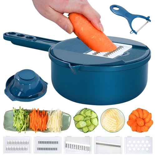 Ensemble d'outils multifonction pour râpe à légumes avec panier de vidange, trancheuse à légumes, mandoline, hachoir, gadgets de cuisine, éplucheur de légumes (bleu, 7 en 1)