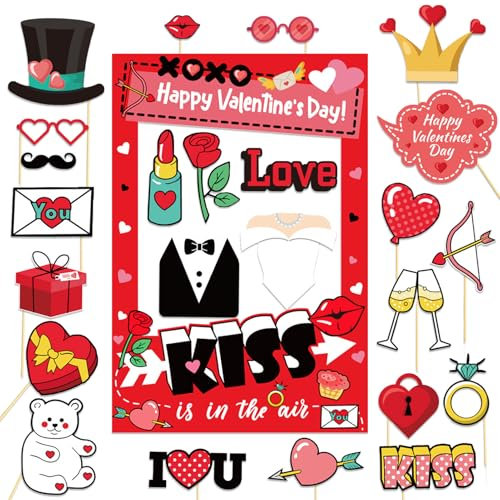 Qpout Valentine's Day Photo Booth Props with Paper Frame,Funny Romantic Selfie Props Kit Decorations for Valentines Engagement Wedding Anniversary Party Photography Supplies(26pcs)