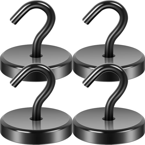 Neosmuk Lot de 4 crochets magnétiques extra puissants 77 kg – Crochets magnétiques noirs avec néodyme pour camping, atelier, casier et patère, accessoires d'extérieur et de croisière