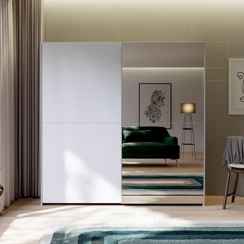 Forte Schach & MATT Kleiderschrank 190, Schrank mit 2 Schwebetüren und bodenlangem Spiegel, Holzwerkstoff, Weiß, 190,1 cm breit, 190,5 cm hoch, 61,2 cm tief