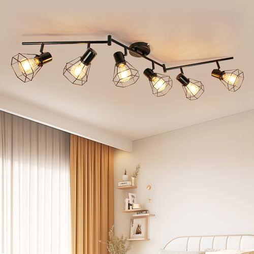 Unikcst 6 Flammig Deckenleuchte Wohnzimmer Schwarz Metall Deckenlampe Vintage E27 LED Deckenstrahler Schwenkbar 350° Deckenbeleuchtung mit Lochmuster-Schirm für Wohn Gewerbe Flur Ohne Leuchtmittel