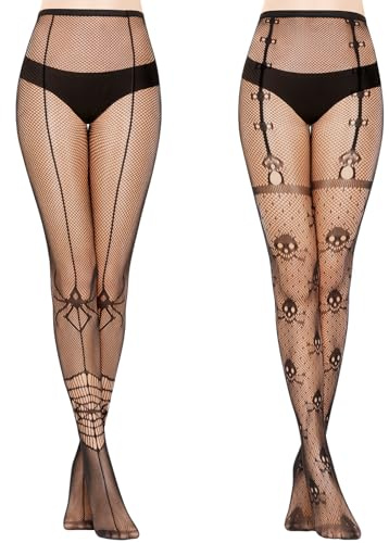 Kiiwah 2 Paire Collant Resille Noir Halloween à Araignée & Crâne, Haute Élasticité Bas Resille Sexy pour Femme pour Fête, Club, Carnaval, Quotidienne