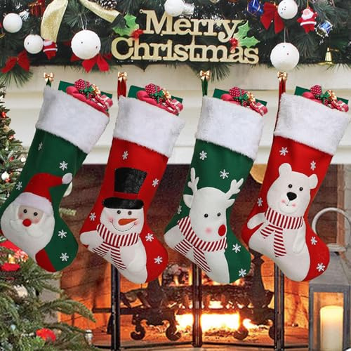GugnRyAc Christmas Stockings 18 Inches 4Pcs, Xmas Stockings with Snowflake Santa Snowman Reindeer Bear and Plush Faux Fur Cuff Stockings for Family Xmas Home Decor